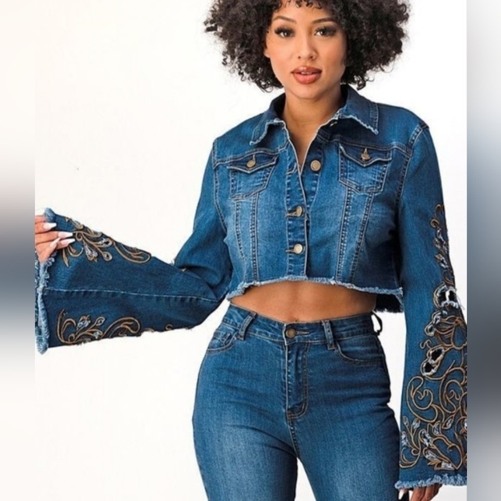 Cropped Embroidered Long Bell Sleeve Button Up Denim Jean Jacket - Picture 10 of 13